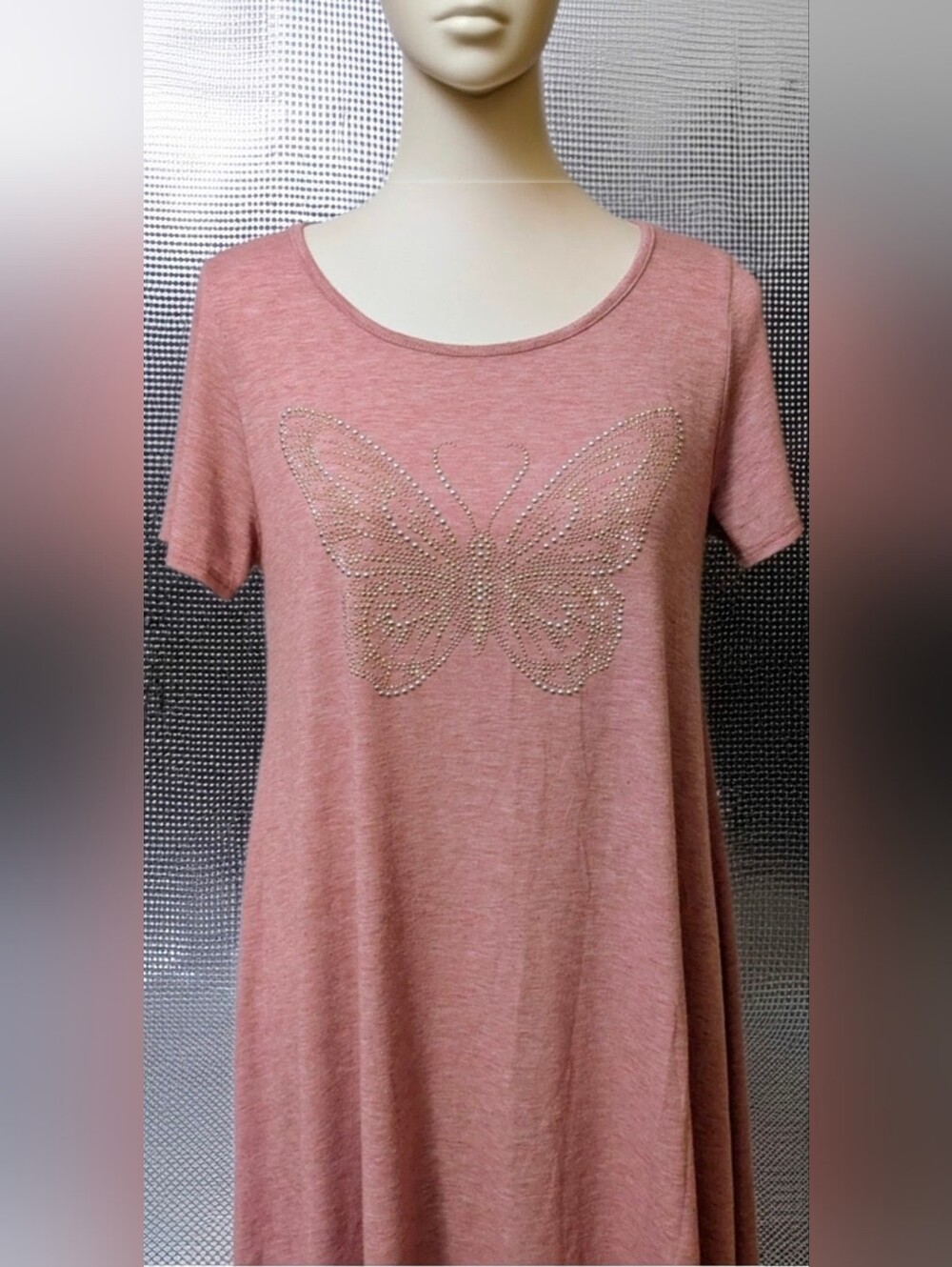 SJS Rose Pink Short Sleeve Top with Rhinestone Butterfly, Dress